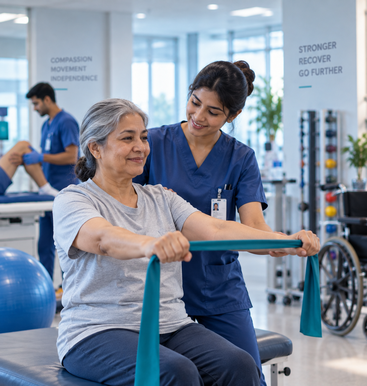 Healthcare professionals working in a modern nursing and rehabilitation environment